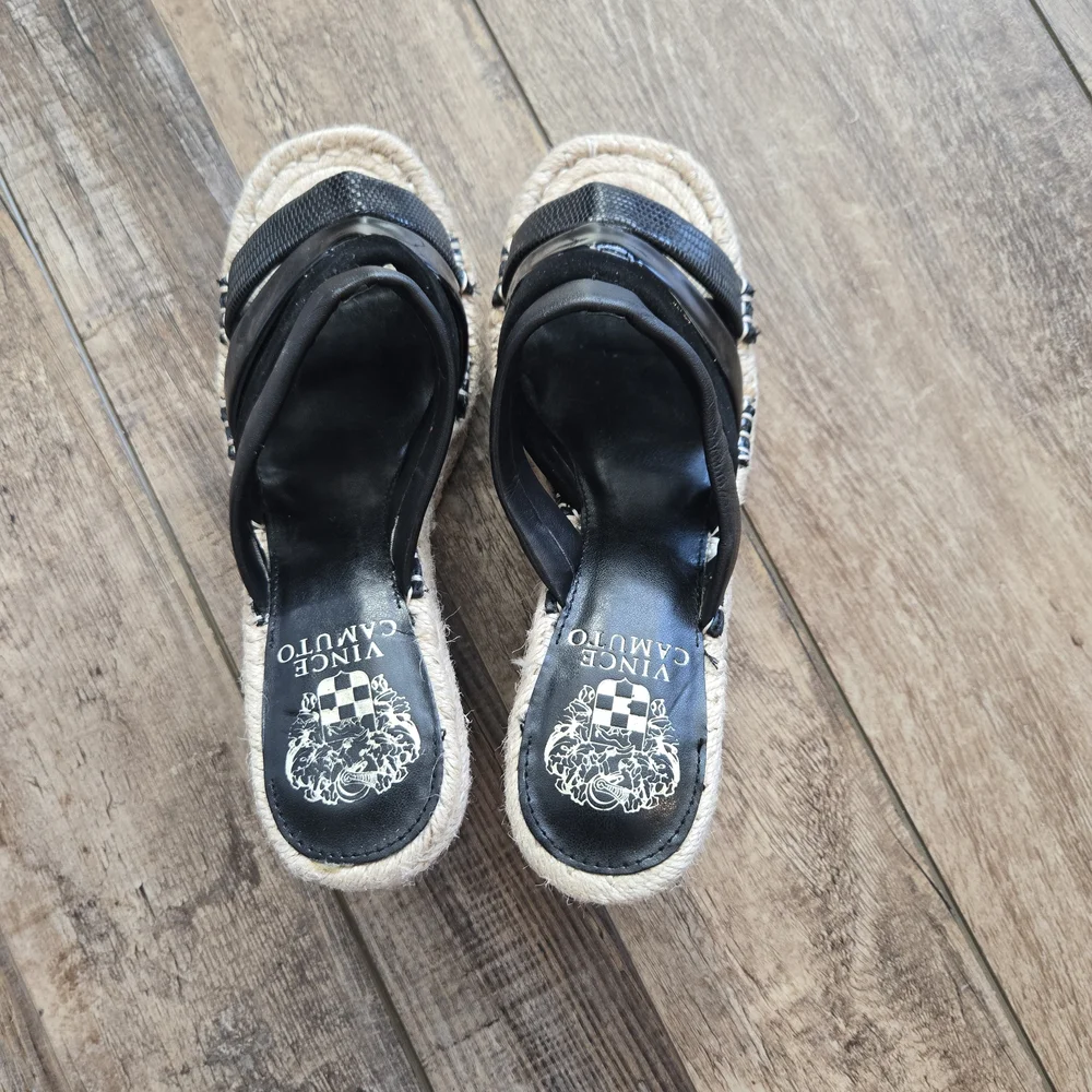 Vince Camuto Black Mixed Texture Espadrille Wedge Slide Sandals Size 7.5
